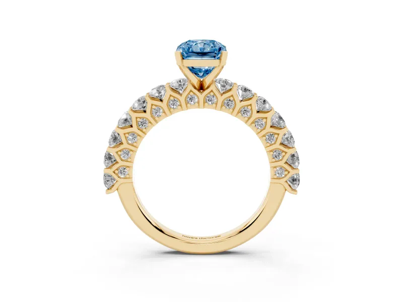 Radiant Cut Shared Prong Engagement Ring Setting for a Fancy Blue Lab-Grown Diamond | Yellow Gold