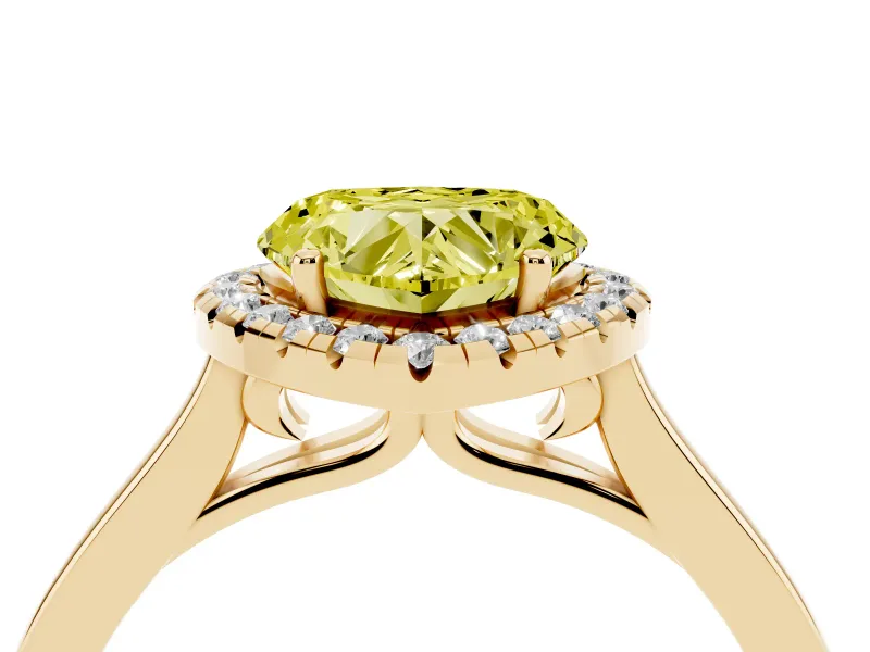 Fancy Yellow Heart Cut Halo Round Diamond Solitaire Ring Set in Yellow gold with Pavé Band and Prong Setting