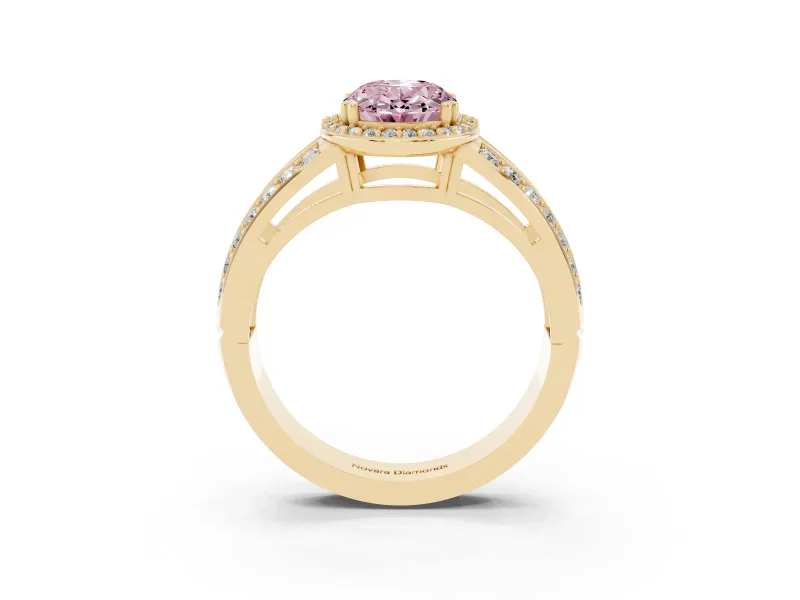 Oval Halo Engagement Ring Setting for a Fancy Pink Lab-Grown Diamond | Split Shank | Yellow Gold