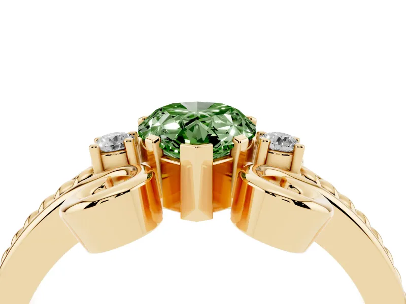 Fancy Green Pear Cut Diamond Twisted Band Solitaire Ring Set in Yellow gold with Scroll Prongs