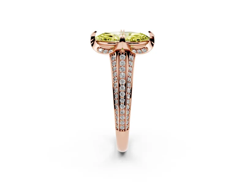 Fancy Yellow Marquise Cut Diamond Pavé Split Shank Solitaire Ring Set in Rose gold with Prong Setting