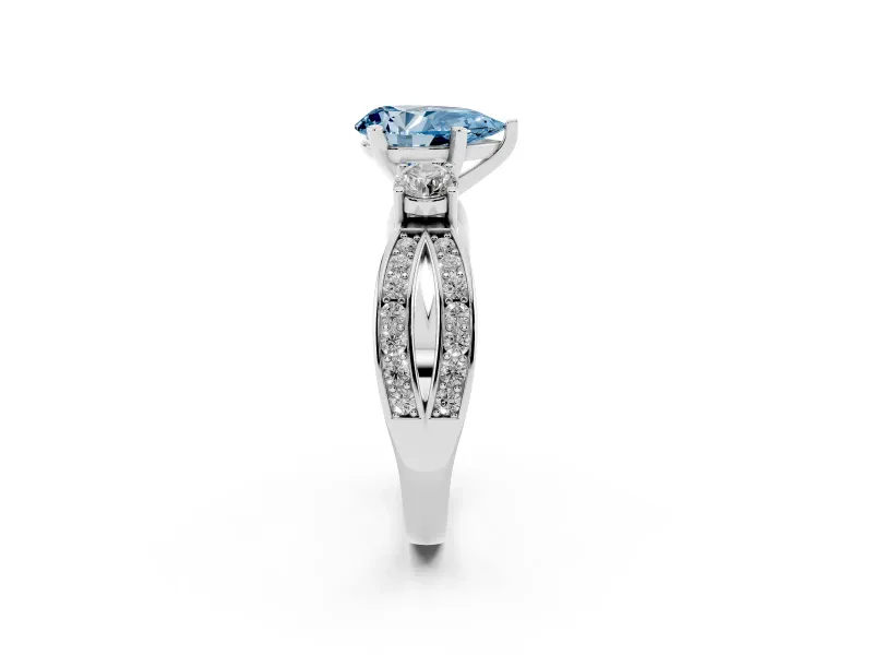 Fancy Blue Three-Stone Pear Cut Diamond Twist Band Ring Set in Silver with Pavé Accents and Prong Setting