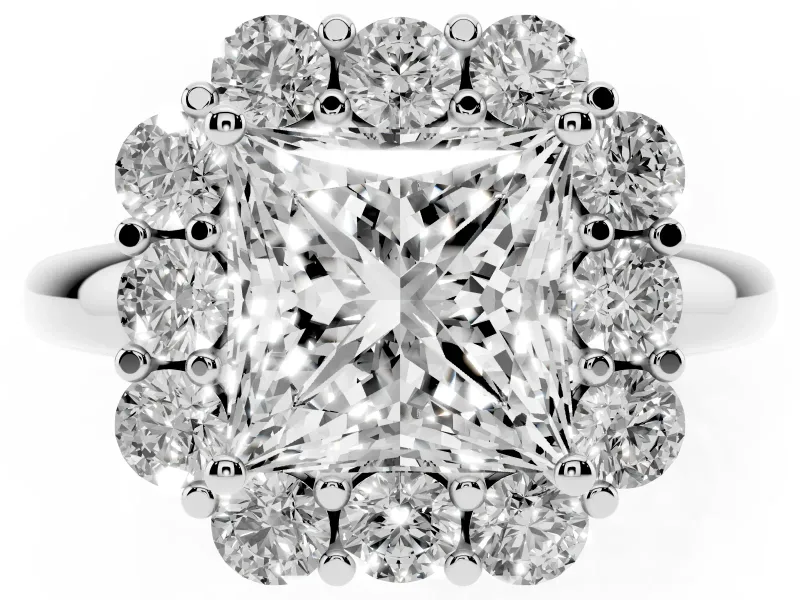 Princess Cut Milgrain Halo Engagement Ring Setting | Graduated Bezel Accents | White Gold