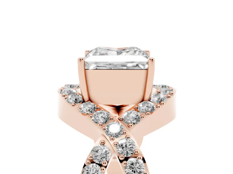 Princess Cut Diamond Solitaire Twist Band Pavé Engagement Ring Set in Rose gold