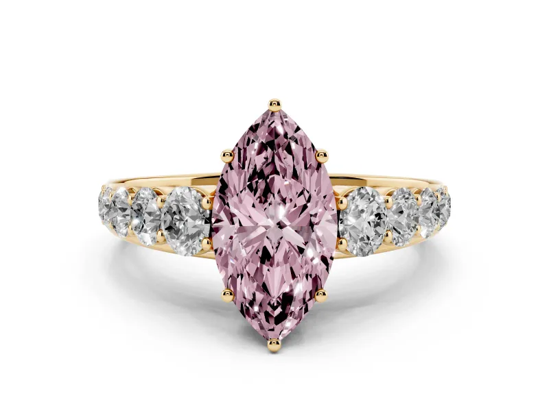 Fancy Pink Marquise Cut Diamond Solitaire Ring Set in Yellow gold with Pavé-Set Band and Prong Setting