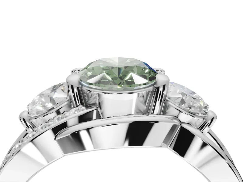 Oval Three Stone Split Shank Engagement Ring Setting for a Fancy Green Lab-Grown Diamond | Matching Sides | White Gold