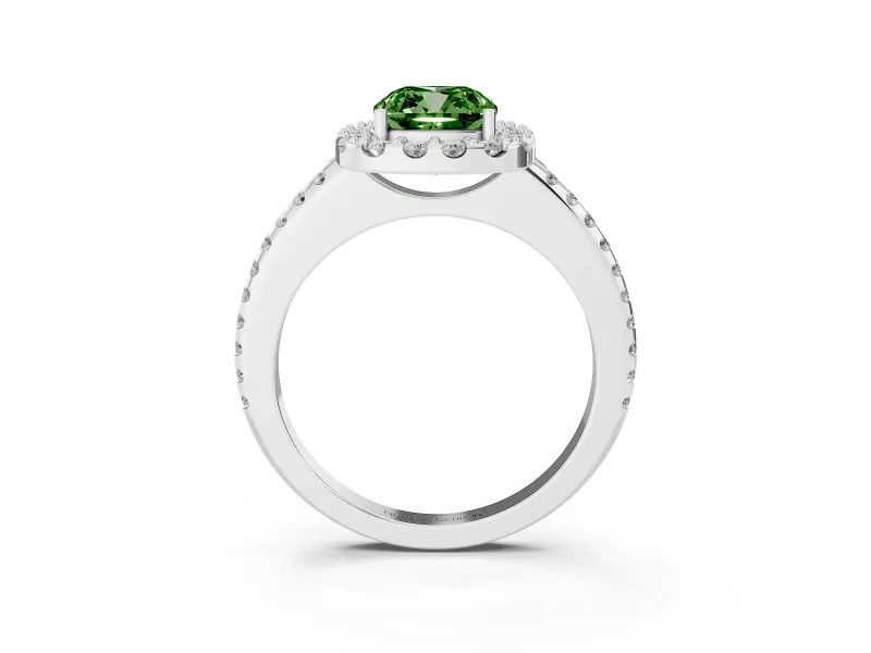 Cushion Cut Pave Halo Engagement Ring Setting for a Fancy Green Lab-Grown Diamond | Pave Band | White Gold