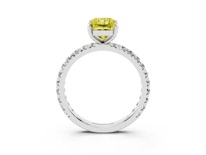 Fancy Yellow Radiant Cut Diamond Pavé Solitaire Ring Set in White gold with Round Band and Prong Setting