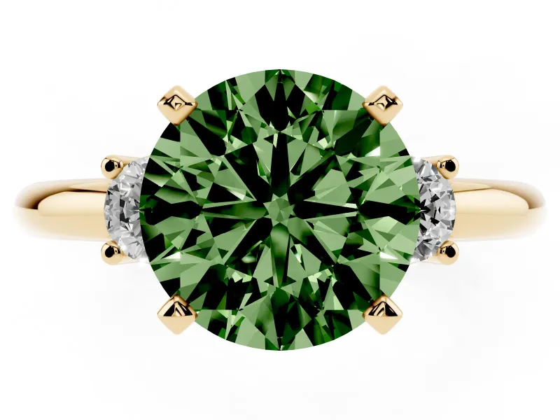 Fancy Green Three-Stone Round Cut Diamond Ring Set in Yellow gold with Prong Setting and Plain Band