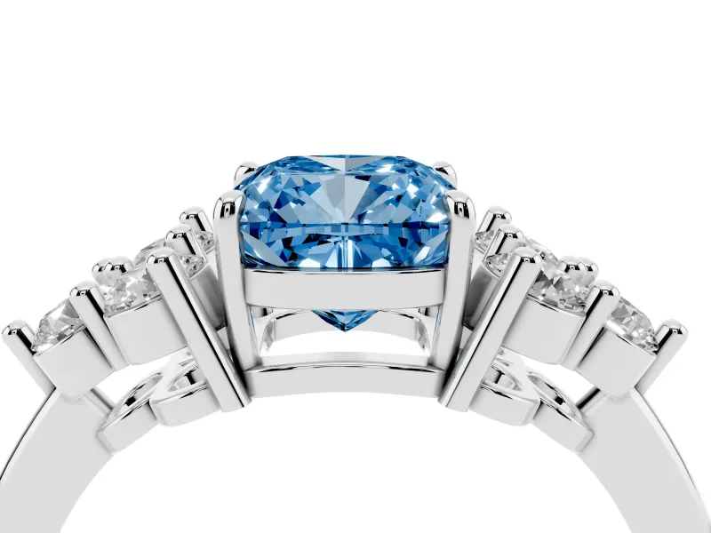 Fancy Blue Cushion Cut Diamond Solitaire Ring Set in Silver with Cluster Accents on Each Side