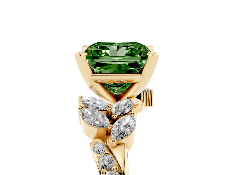 Fancy Green Princess Cut Diamond Solitaire Ring Set in Yellow gold with Marquise Twist Band and Prong Setting