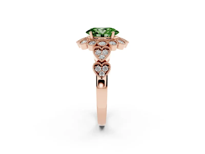 Oval Scalloped Halo Engagement Ring Setting for a Fancy Green Lab-Grown Diamond | Heart Pavé Band | Rose Gold