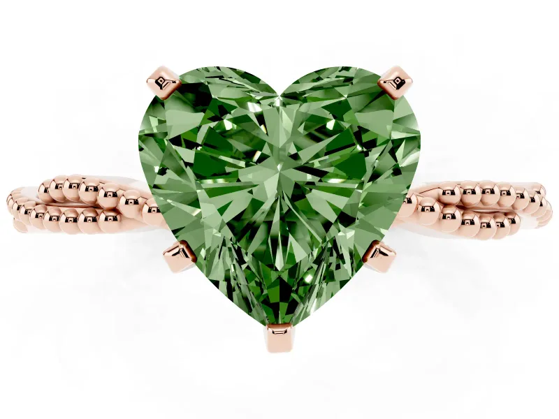 Fancy Green Heart Cut Diamond Solitaire Ring Set in Rose gold with Twisted Band and Bead Prong Setting