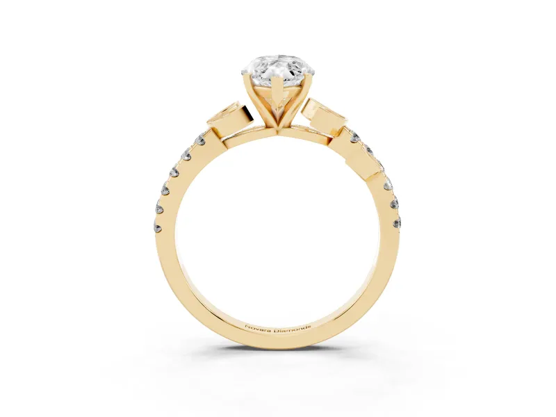 Marquise Cut Diamond Solitaire Leaf-Inspired Ring Set in Yellow gold with Pavé Band and Prong Setting