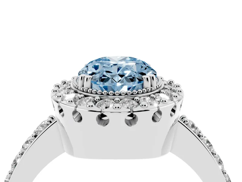 Fancy Blue Oval Cut Diamond Halo Ring Set in Platinum with Pavé Shank and Prong Setting