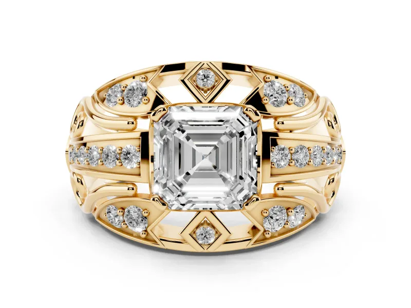 Asscher Cut Diamond Art Deco Ring Set in Yellow gold with Pavé Split Shank