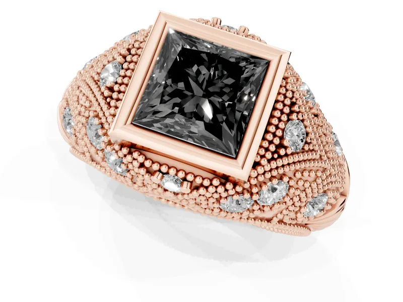 Fancy Black Princess Cut Diamond Bezel Ring Set in Rose gold with Milgrain Accent Band