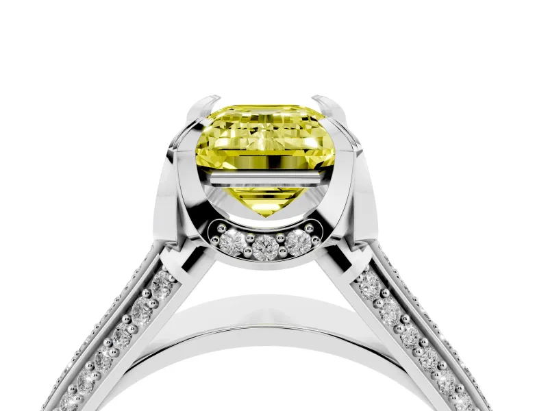 Fancy Yellow Emerald Cut Diamond Pavé Split Shank Solitaire Ring Set in Platinum with Prong Setting