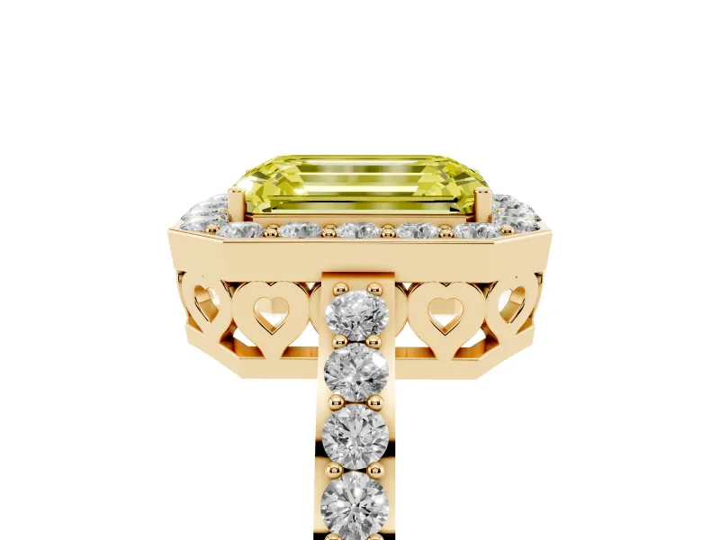 Fancy Yellow Emerald Cut Diamond Halo Ring Set in Yellow gold with Pavé-Setting Band and Open Prong Center