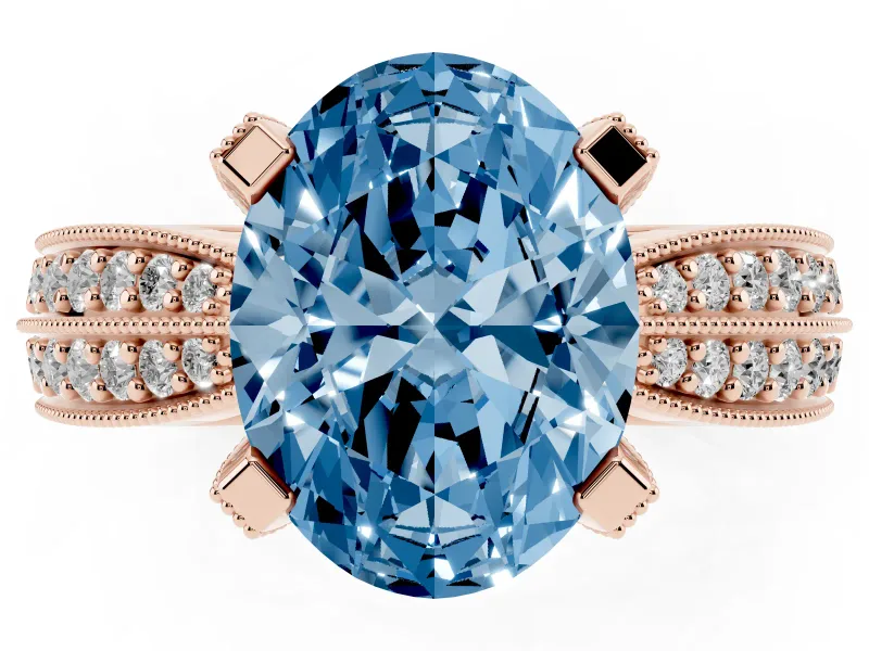 Fancy Blue Oval Cut Diamond Solitaire Ring Set in Rose gold with Milgrain Double Row Round Pavé Band