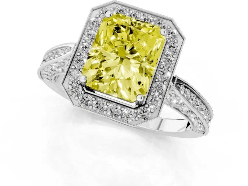 Radiant Cut Milgrain Halo Engagement Ring Setting for a Fancy Yellow Lab-Grown Diamond | Side Stones | White Gold