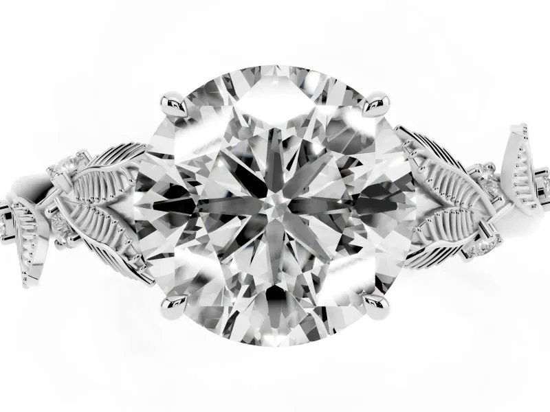 Round Leaf Motif Solitaire Engagement Ring Setting | Accented Leaves | White Gold