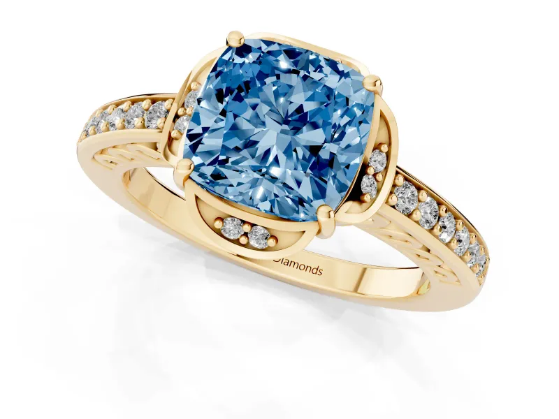 Cushion Cut Floral Pavé Engagement Ring Setting for a Fancy Blue Lab-Grown Diamond | Yellow Gold