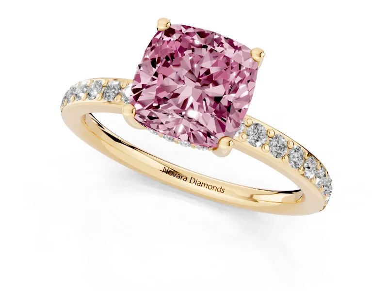 Fancy Pink Cushion Cut Diamond Pavé Band Ring Set in Yellow gold with Prong-Set Center Stone