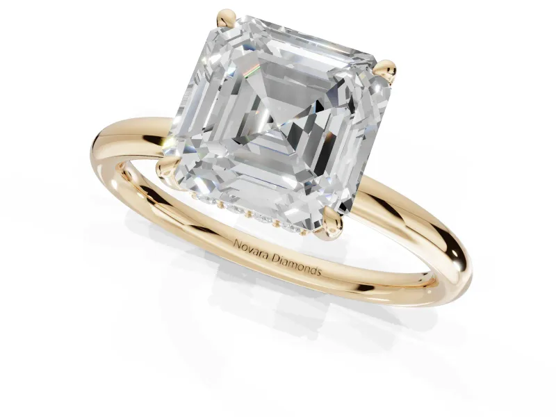 Asscher Cut Hidden Halo Engagement Ring Setting | Thin Plain Band | Yellow Gold