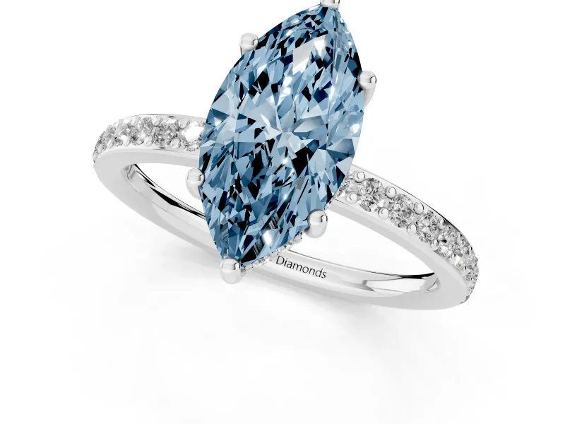 Fancy Blue Marquise Cut Diamond Pavé Band Ring Set in Platinum with Prong-Set Center Stone