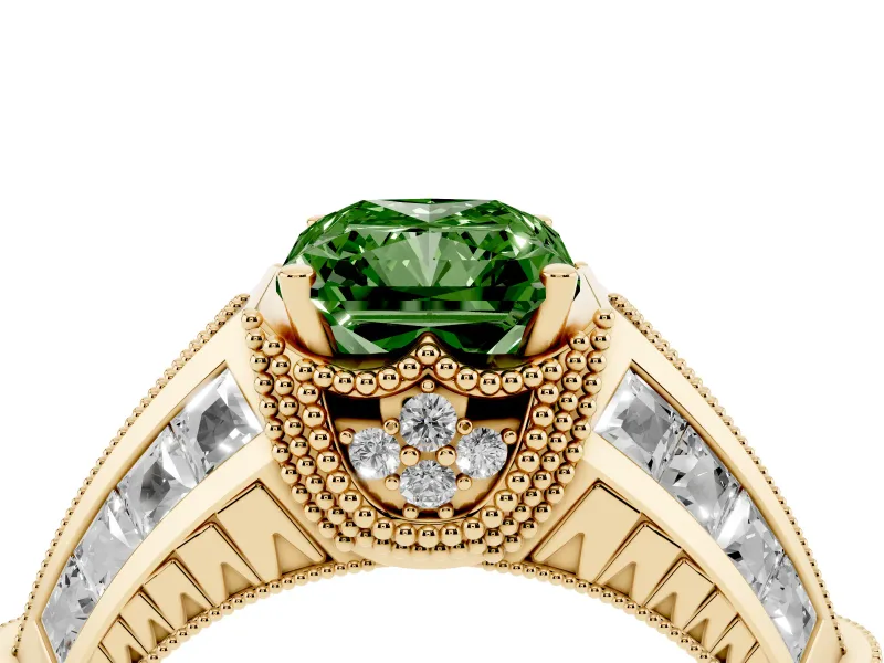 Fancy Green Radiant Cut Diamond Vintage-Inspired Milgrain Ring Set in Yellow gold with Accent Split Shank