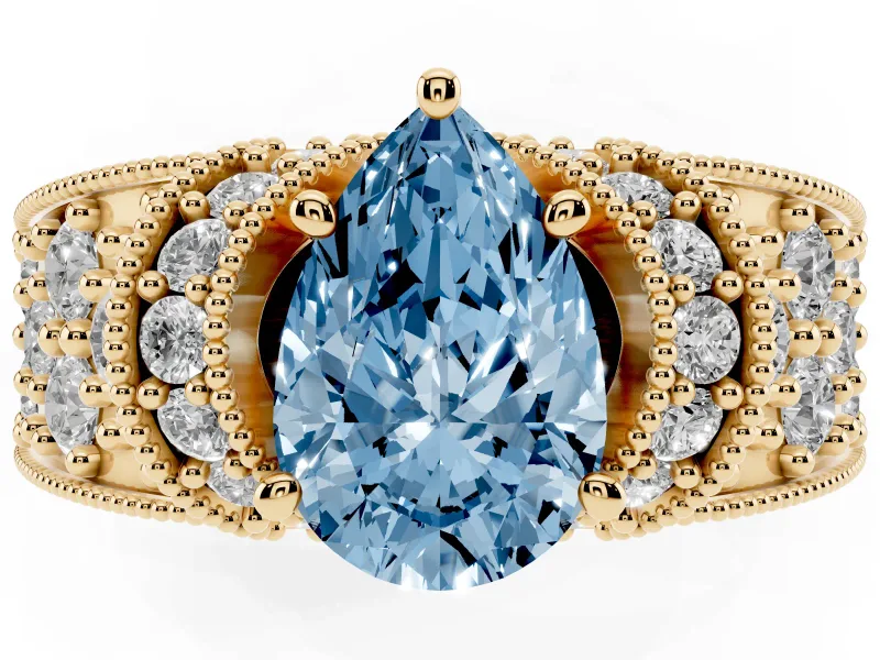 Pear-Shaped Vintage Pave Engagement Ring Setting for a Fancy Blue Lab-Grown Diamond | Milgrain Edges | Yellow Gold