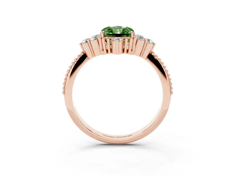 Fancy Green Radiant Cut Diamond Cluster Ring Set in Rose gold with Beaded Band