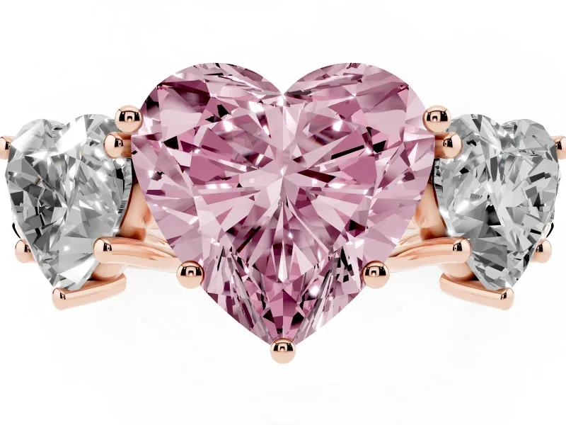 Fancy Pink Heart Cut Diamond Three-Stone Ring Set in Rose gold with Pavé Band