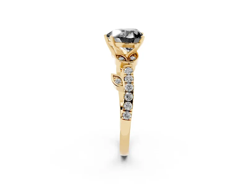 Heart-Shaped Leaf Pavé Engagement Ring Setting for a Black Center | Yellow Gold