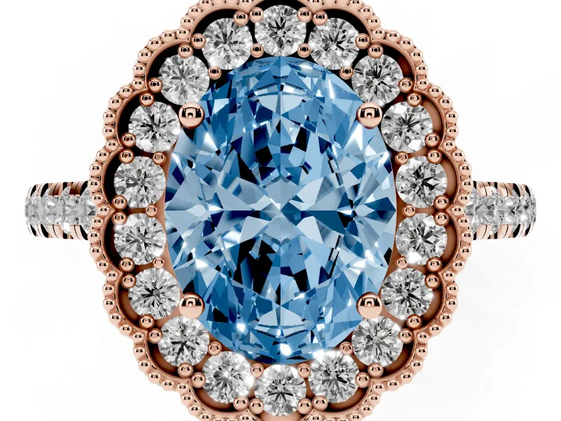 Fancy Blue Oval Cut Diamond Milgrain Floral Halo Engagement Ring Set in Rose gold with Pavé Band