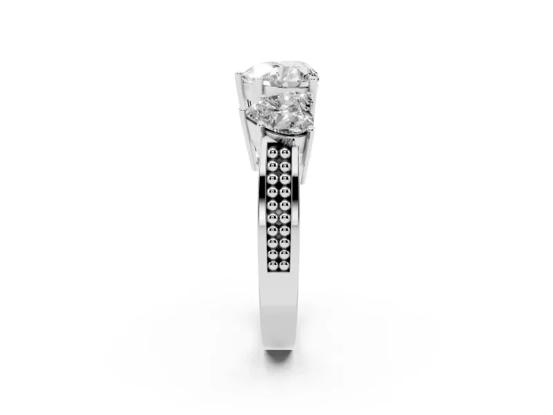 Heart-Shaped Three Stone Engagement Ring Setting | Beaded Shoulders | White Gold