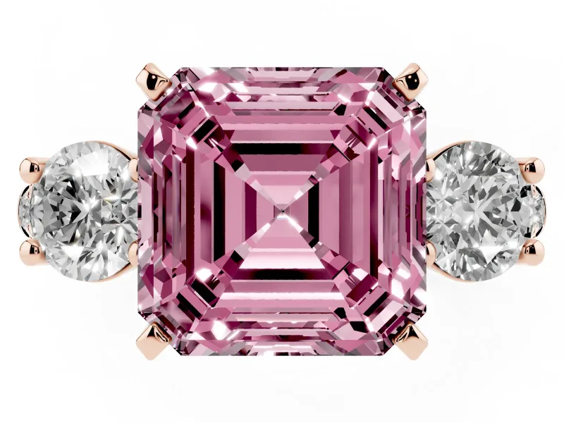 Asscher Cut Three-Stone Engagement Ring Setting for a Fancy Pink Lab-Grown Diamond | Rose Gold