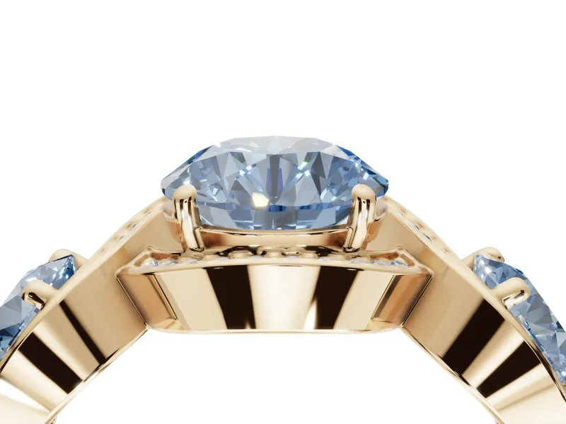 Round Three Stone Halo Engagement Ring Setting for a Fancy Blue Lab-Grown Diamond | Pavé Wave Band | Yellow Gold
