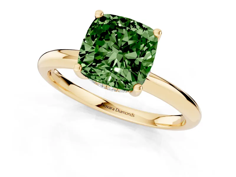 Fancy Green Cushion Cut Diamond Solitaire Engagement Ring Set in Yellow gold with Prong Setting and Polished Band