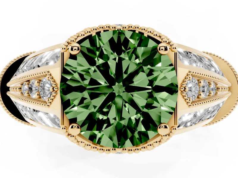 Round Vintage Milgrain Engagement Ring Setting for a Fancy Green Lab-Grown Diamond | Hidden Halo | Yellow Gold