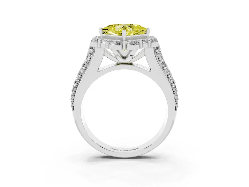 Fancy Yellow Princess Cut Diamond Halo Engagement Ring Set in White gold with Split Shank and Prong Setting