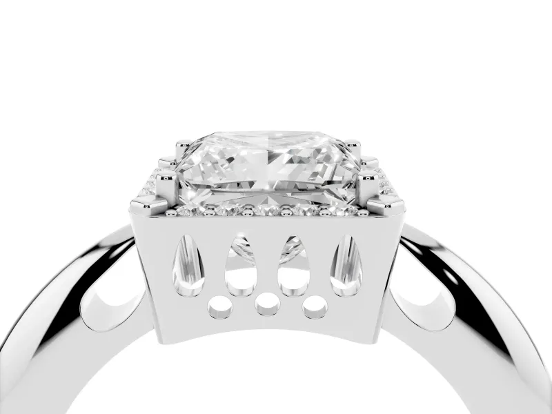Princess Cut Diamond Halo Engagement Ring Set in White gold with Plain Split Shank and Prong Setting
