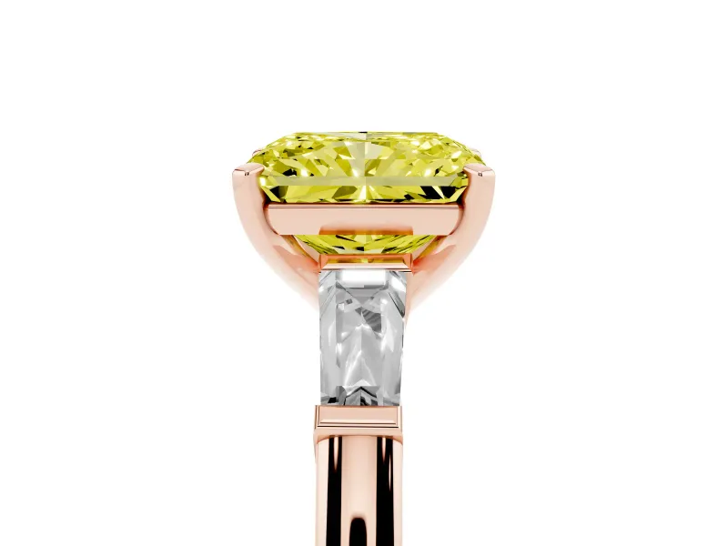 Radiant Cut Three Stone Engagement Ring Setting for a Fancy Yellow Lab-Grown Diamond | Tapered Baguettes | Rose Gold