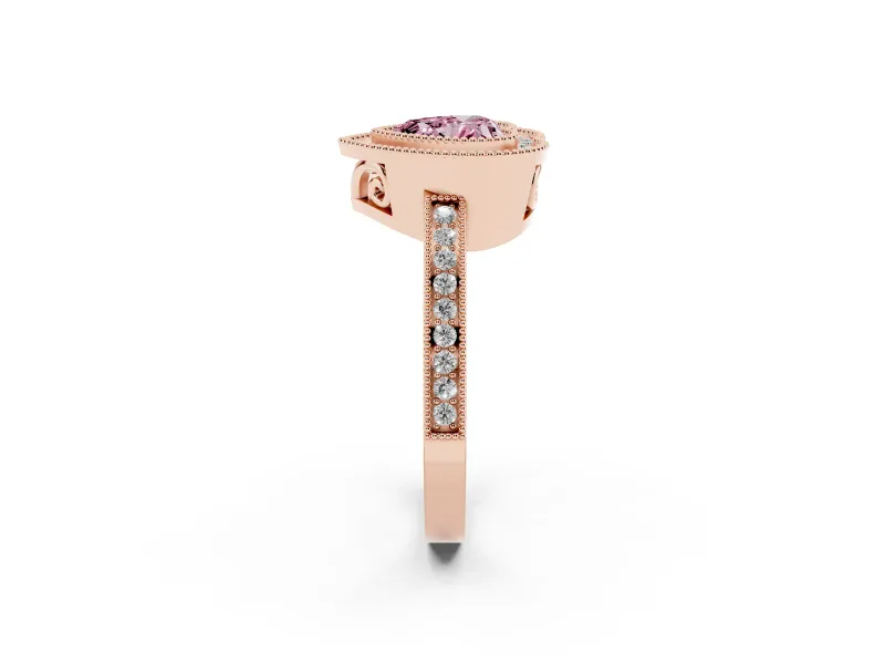 Fancy Pink Heart Cut Diamond Halo Ring Set in Rose gold with Pavé Band and Milgrain-Edged Prongs