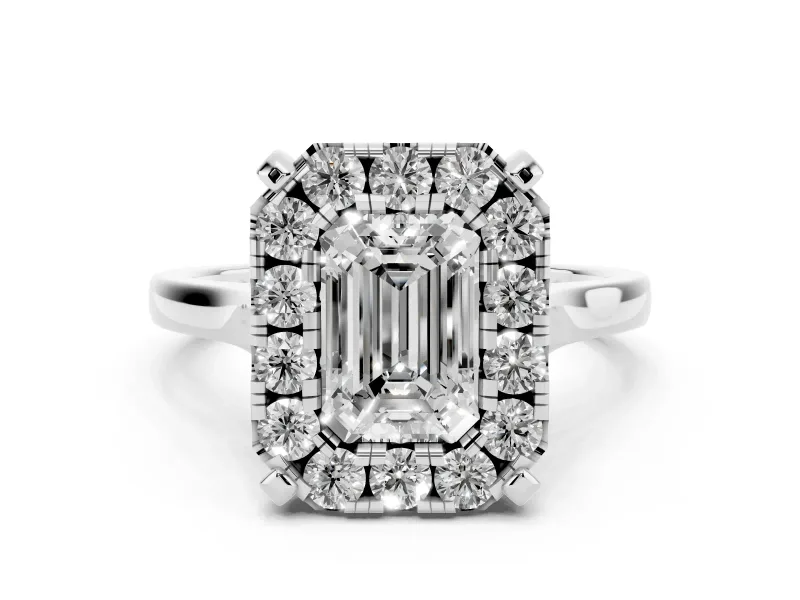 Emerald Cut Diamond Cluster Halo Solitaire Ring Set in Platinum with Prong Setting