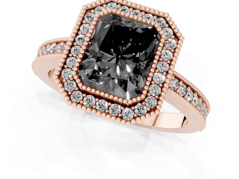 Fancy Black Radiant Cut Diamond Halo Engagement Ring Set in Rose gold with Pavé Band and Round Halo Stones