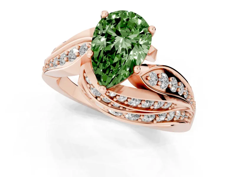Fancy Green Pear Cut Diamond Solitaire Ring Set in Rose gold with Layered Twist Pavé Band