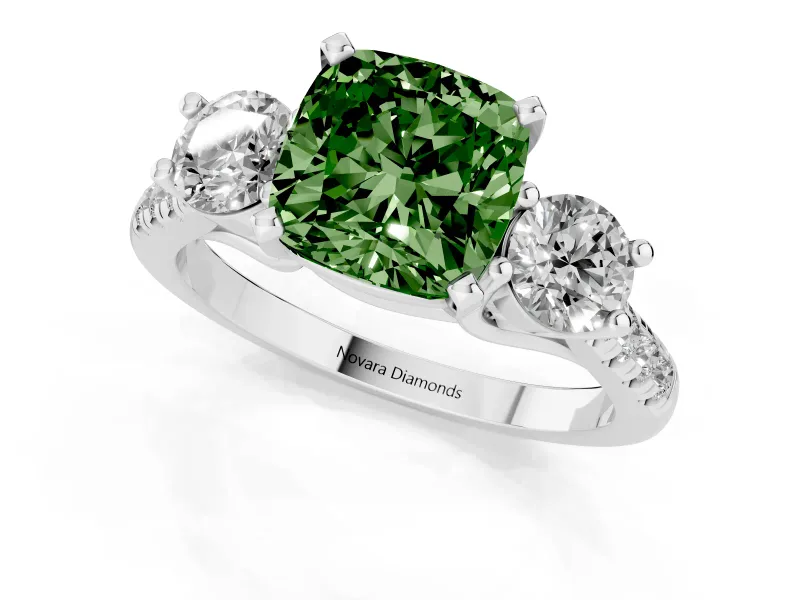 Cushion Cut Three-Stone Engagement Ring Setting for a Fancy Green Lab-Grown Diamond | White Gold