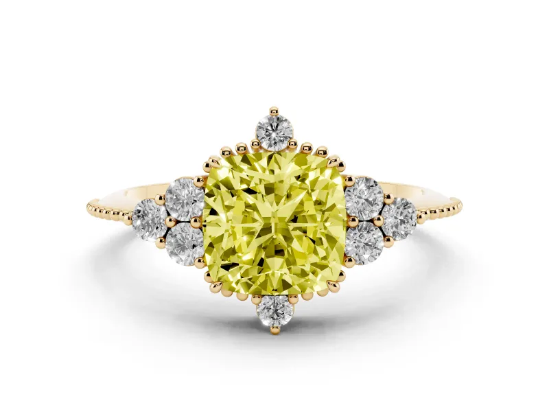 Fancy Yellow Cushion Cut Diamond Cluster Ring Set in Yellow gold with Beaded Band
